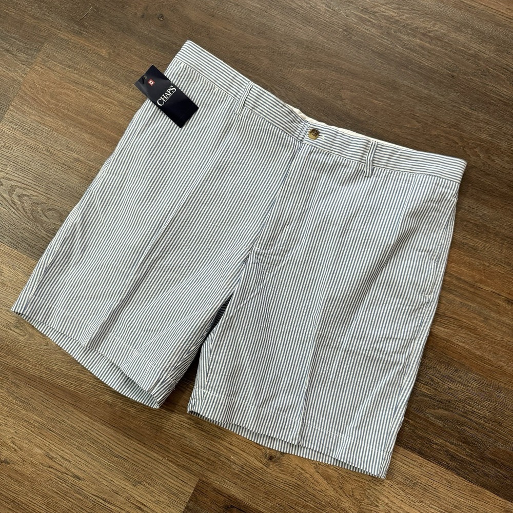 NWT Chaps Seersucker Flat Front Blue White Nautical Striped Shorts Sz‎ 40 Preppy